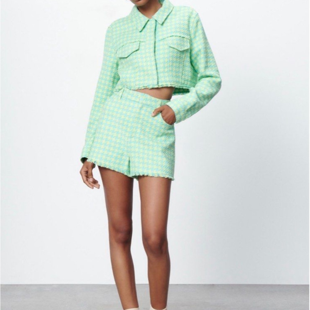 ZARA cropped gingham tweed blazer and short set